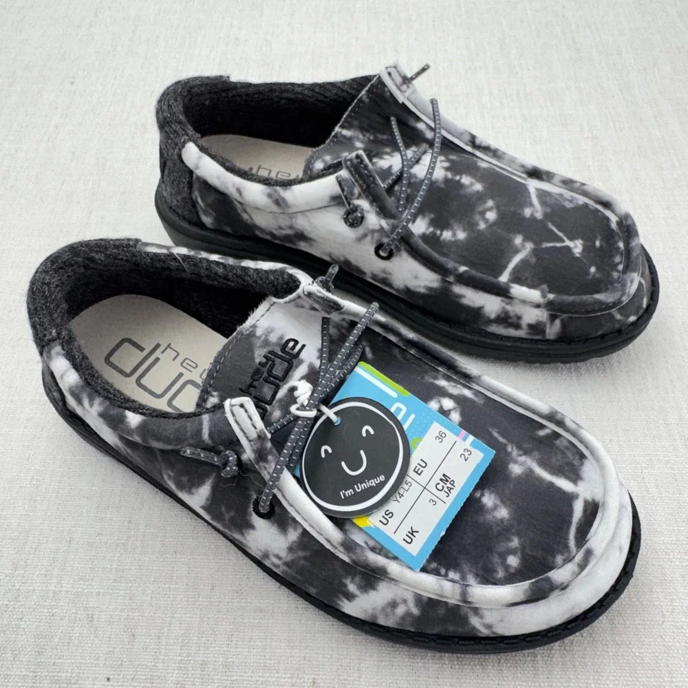 Hey Dude Wally Thunderstruck Tie Dye Black White Youth Loafers Shoes Y4 L5